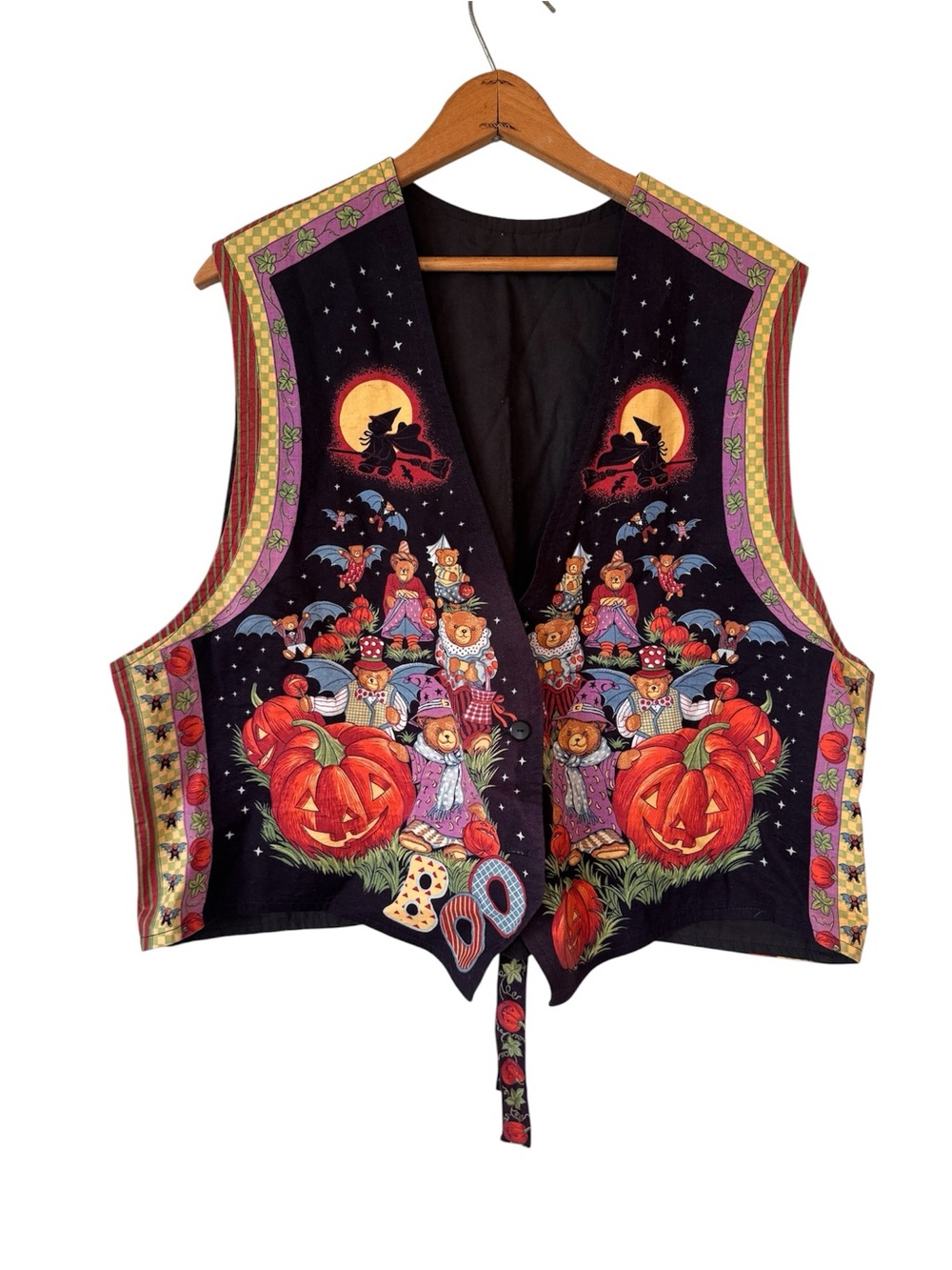 Vintage 90s Halloween Teddy Bear Pumpkin Witch Vest XL 1X Handmade